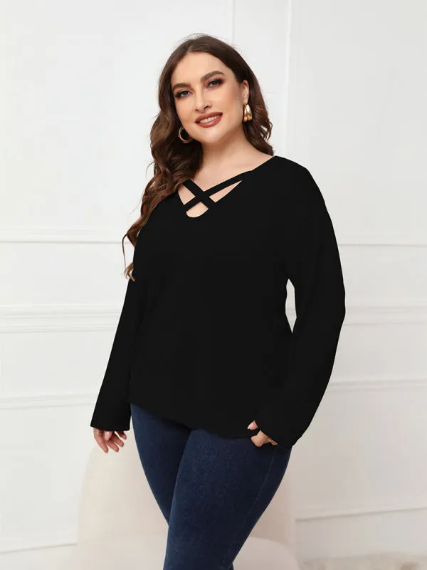 Women's Solid Color Off Neck Plus Size Long Sleeve Top