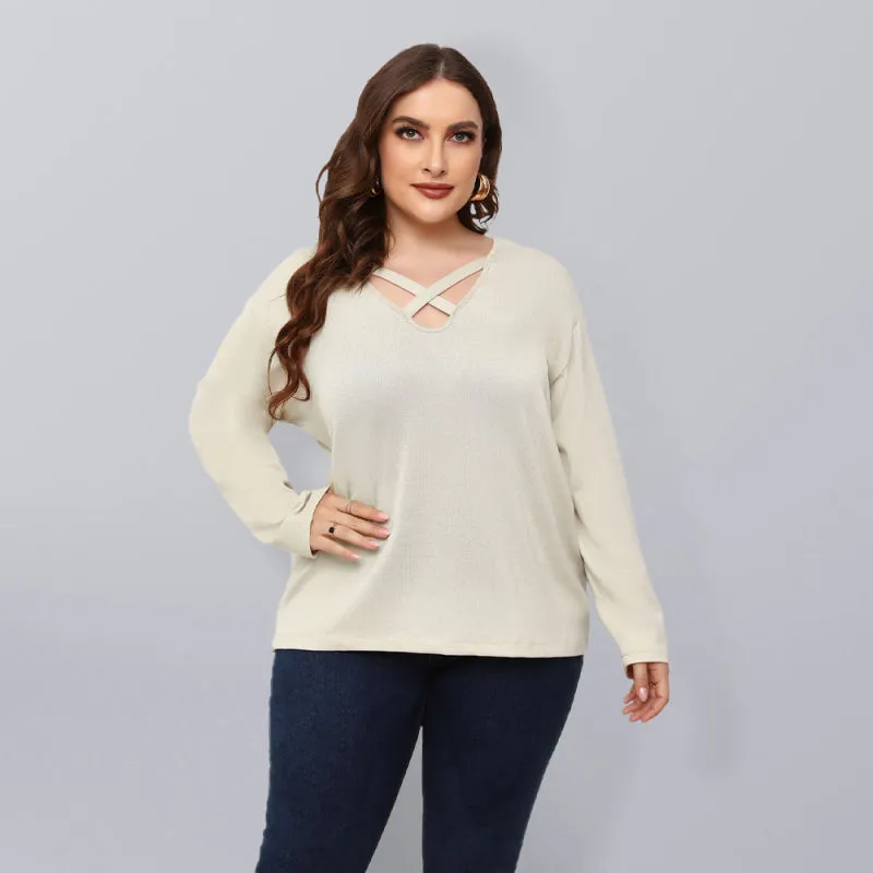 Women's Solid Color Off Neck Plus Size Long Sleeve Top