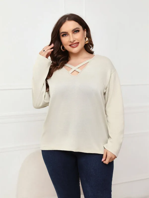 Women's Solid Color Off Neck Plus Size Long Sleeve Top