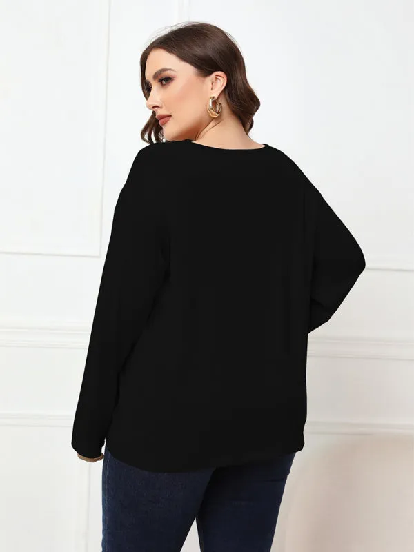 Women's Solid Color Off Neck Plus Size Long Sleeve Top