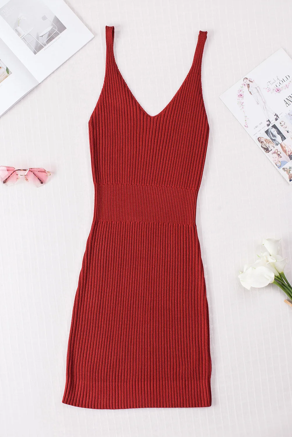 Women's Summer Tank Dress Knit V Neck Sleeveless Bodycon Ribbed Dresses