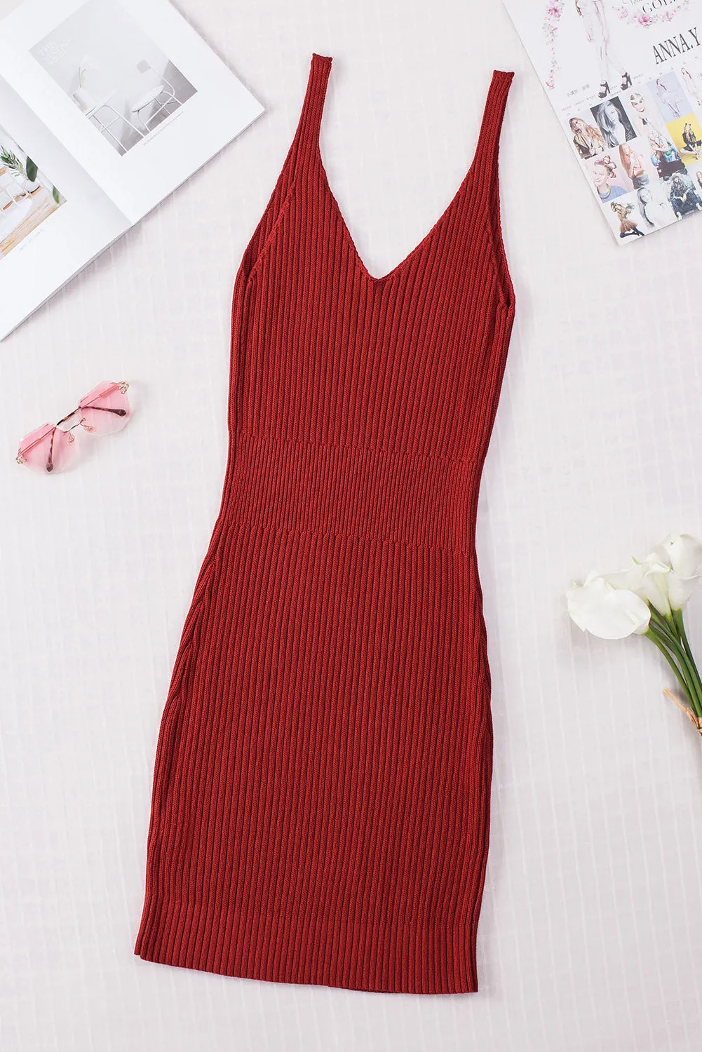 Women's Summer Tank Dress Knit V Neck Sleeveless Bodycon Ribbed Dresses