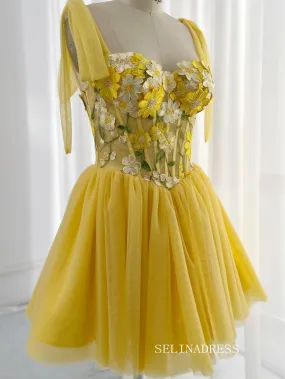 Yellow Floral Homecoming Dress A-line Straps Tulle Short Prom Dress EWR403